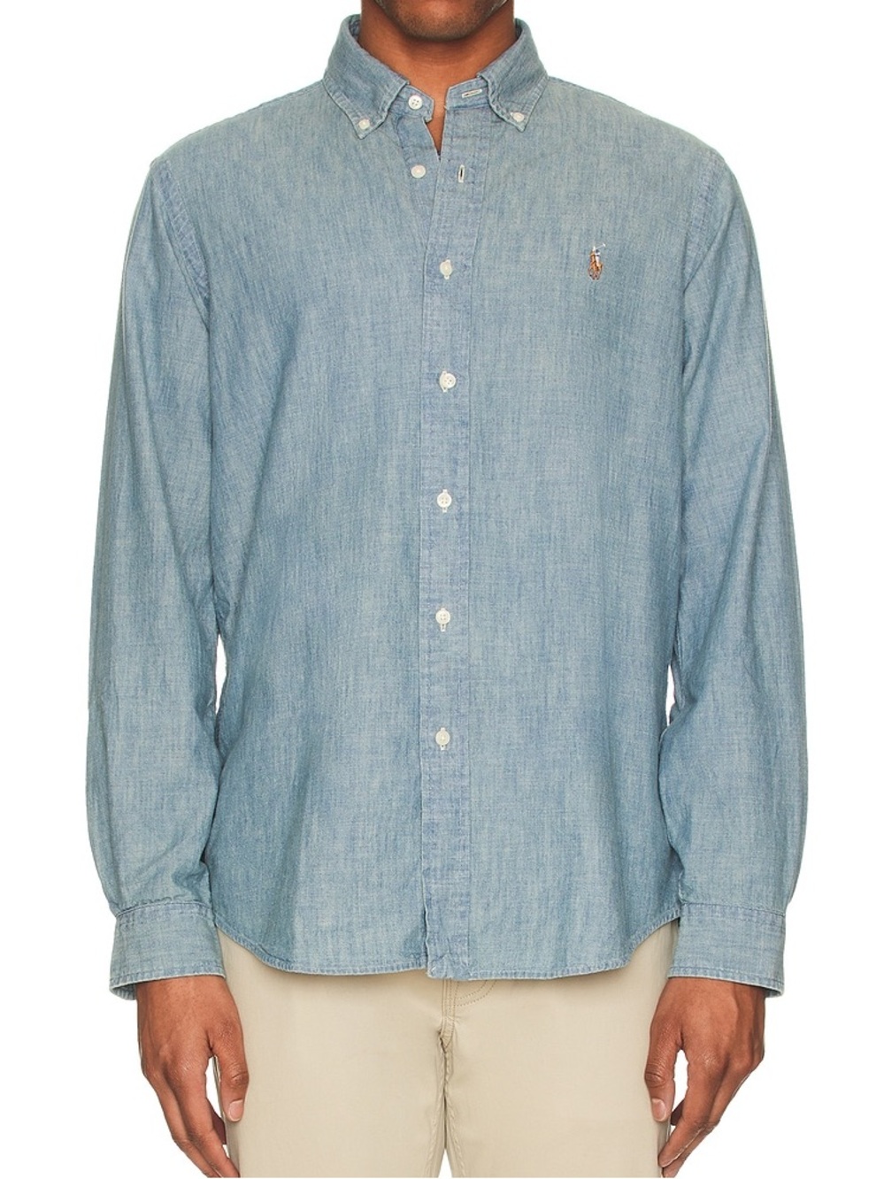 Ralph Lauren Long Sleeve Chambray Denim Light Wash Button Down Shirt Slim Fit L